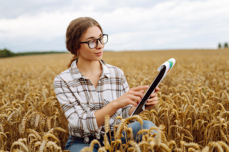 A young woman agronomist in a wheat field with a tablet in her hand checks the field.の写真素材