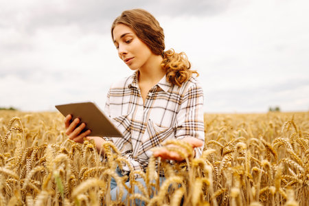 Woman agronomist in a field with a tablet checks the growth of the crop. New harvest concept.の写真素材