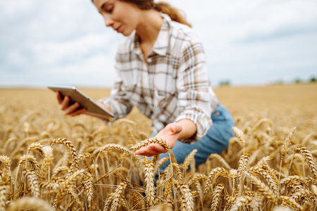 Woman agronomist in a field with a tablet checks the growth of the crop. New harvest concept.の写真素材