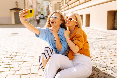 Happy female tourists take selfie using phone while walking along the streets of Europe. lifestyle.の写真素材