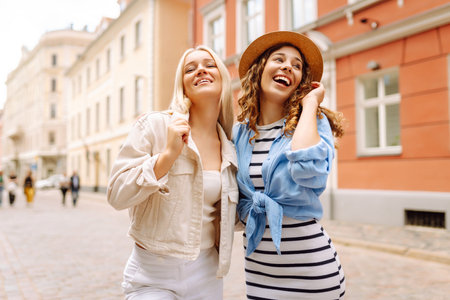 Two beautiful women having fun outdoors. Fun, weekend concept. Active lifestyle.の写真素材