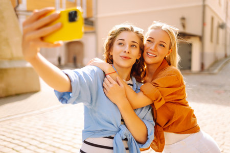 Happy female tourists take selfie using phone while walking along the streets of Europe. lifestyle.の写真素材