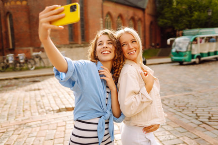 Happy girlfriends in casual clothes are walking and taking selfies using phones. Concept of walk.の写真素材