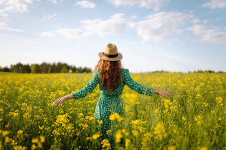 Young woman walking flowering field gently touch yellow flowers. Summer landscape.の写真素材