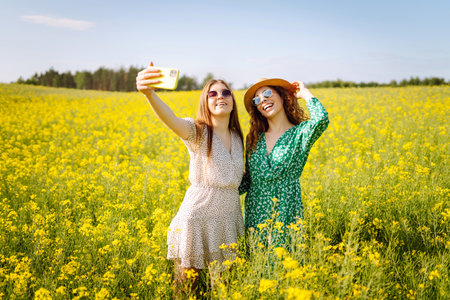 Selfie time.Two Young woman takes selfie while walking flowering field. Nature, relax and lifestyle.の写真素材