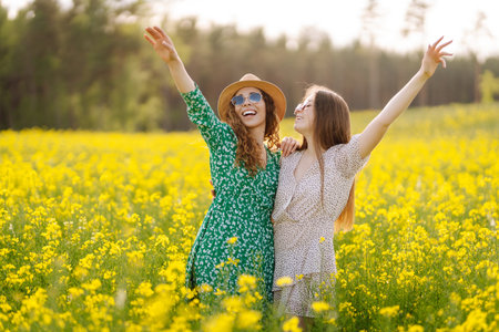Two young women in beautiful dresses walk in a field with yellow blooming rapeseed. Concept of fun.の写真素材