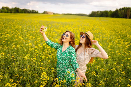 Selfie time.Two Young woman takes selfie while walking flowering field. Nature, relax and lifestyle.の写真素材