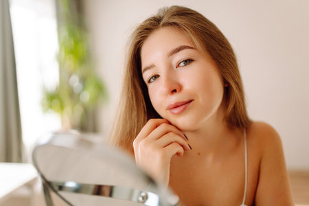 A beautiful woman looking in mirror, examines acne, pigmentation. Cosmetic care. Allergic reaction.の写真素材