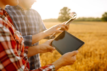Agronomists in a golden wheat field with a digital tablet, studying the harvest.の写真素材