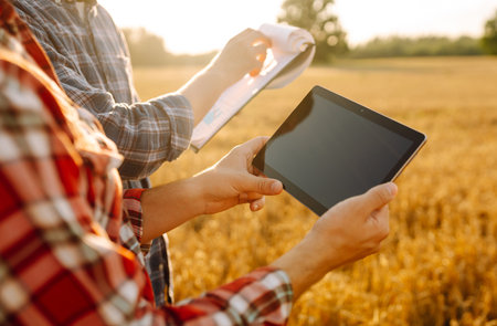 Agronomists in a golden wheat field with a digital tablet, studying the harvest.の写真素材