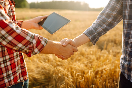 Handshake, joint work of farmers. Two farmers making agreement with handshake in wheat field.の写真素材