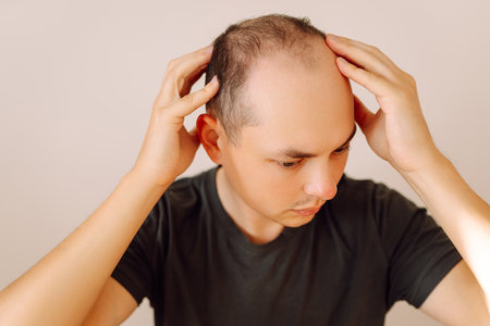 Baldness on the head of a middle-aged man. Hair loss. Male hair loss, early baldness and alopecia.の写真素材