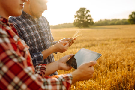 Two farmers standing in golden wheat field using touch pad for check wheat quality. Smart farm.の写真素材
