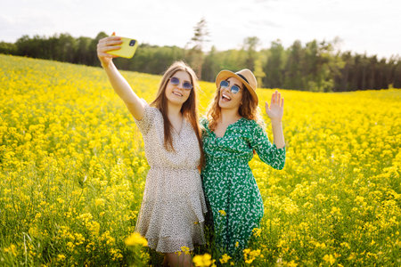 Selfie time.Two Young woman takes selfie while walking flowering field. Nature, relax and lifestyle.の写真素材