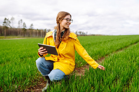 Young farmer woman in a green field, intently using a tablet. She wears a yellow jacket and glassesの写真素材