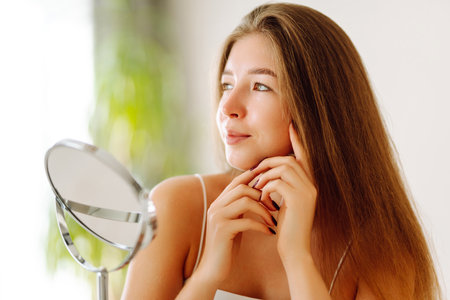 A beautiful woman looking in mirror, examines acne, pigmentation. Cosmetic care. Allergic reaction.の写真素材