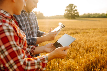 Agronomists in a golden wheat field with a digital tablet, studying the harvest.の写真素材