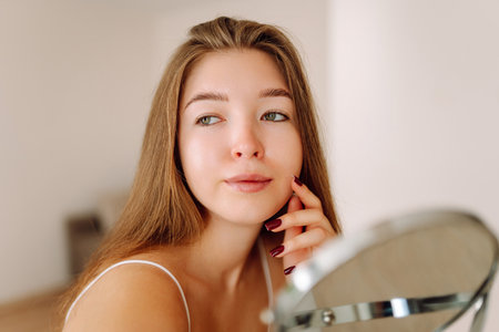 A beautiful woman looking in mirror, examines acne, pigmentation. Cosmetic care. Allergic reaction.の写真素材