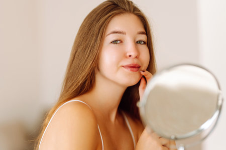 A beautiful woman looking in mirror, examines acne, pigmentation. Cosmetic care. Allergic reaction.の写真素材