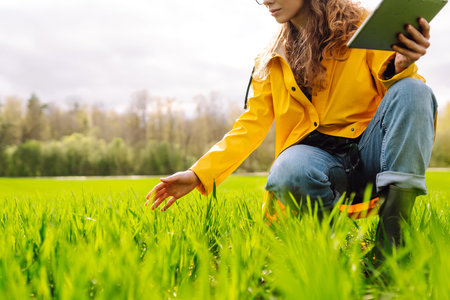 Innovative smart farm system technology, agricultural management. Farmer with tablet in green fieldの写真素材