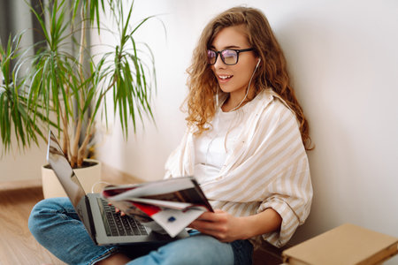Cute woman using laptop while sitting on floor at home. Remote work from home. Freelancing concept.の写真素材