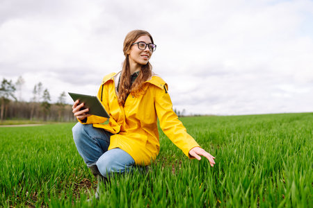 Young farmer woman in a green field, intently using a tablet. She wears a yellow jacket and glassesの写真素材
