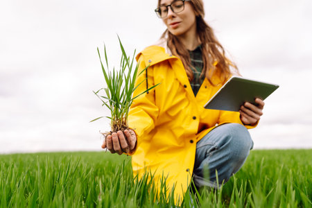 A young farmer woman in a green field, intently using a tablet. The concept of technology, gardeningの写真素材