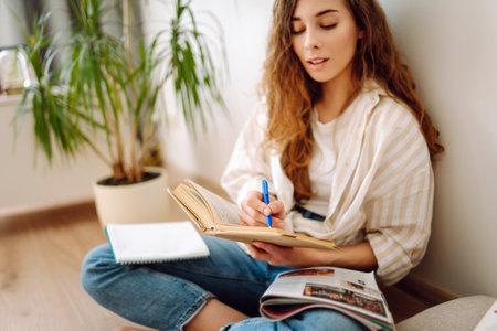 Happy woman sitting on floor in living room, enjoying reading book. Concept of relaxation, comfort.の写真素材