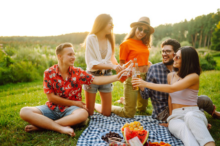 Happy group of friends resting in nature in picnic. People, lifestyle, relaxation, vacations concept.の写真素材