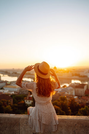 Portrait of happy woman tourist in hat at dawn enjoys cityscape. concept of an active lifestyle.の写真素材