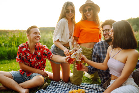 Happy group of friends resting in nature in picnic. People, lifestyle, relaxation, vacations concept.の写真素材