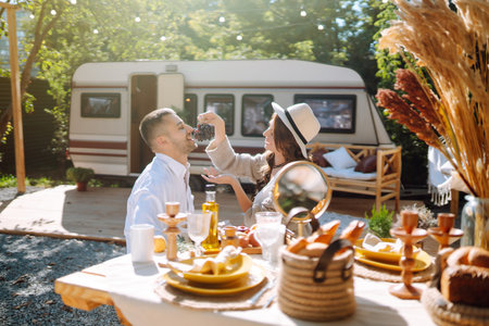 Beautiful wedding couple laugh and kiss relaxing in rv, camping in a trailer. Romantic moment.の写真素材