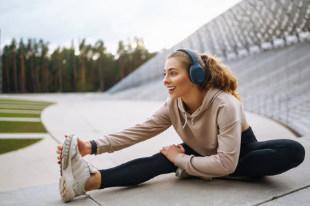 Strong woman doing exercises outdoors in the morning. Active life, healthy lifestyle.の写真素材