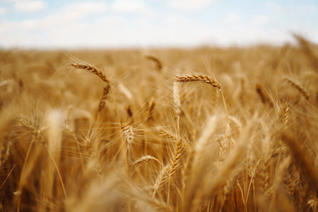 Amazing background of ripening ears of yellow wheat field against blue sky. Harvest nature growth.