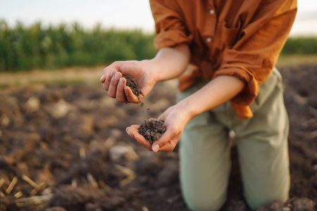 Expert hand of farmer woman checking soil health before growth seed of vegetable. Gardening concept.の写真素材