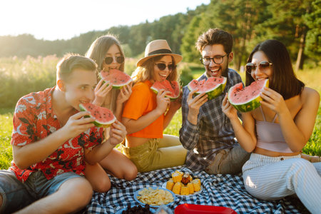 Group of people gathered in the garden for picnic. Friends have fun and drink beer. Picnic, friendship.の写真素材