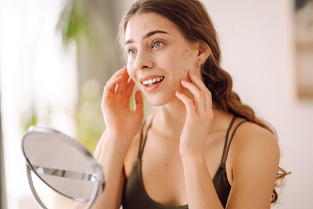 Woman worry about her face when she saw the problem of acne occur by a mini mirror. Pimples, acneの写真素材
