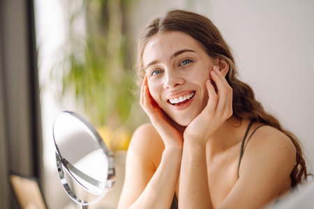 Woman worry about her face when she saw the problem of acne occur by a mini mirror. Pimples, acneの写真素材