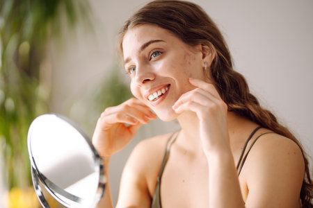 Woman worry about her face when she saw the problem of acne occur by a mini mirror. Pimples, acneの写真素材