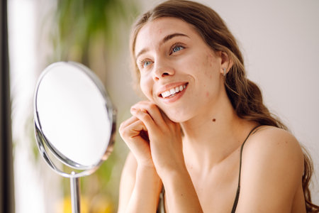 Woman worry about her face when she saw the problem of acne occur by a mini mirror. Pimples, acneの写真素材