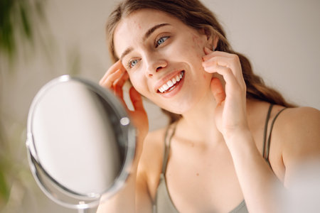 Woman worry about her face when she saw the problem of acne occur by a mini mirror. Pimples, acneの写真素材