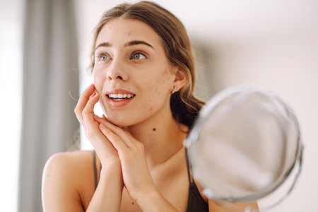 Woman worry about her face when she saw the problem of acne occur by a mini mirror. Pimples, acneの写真素材