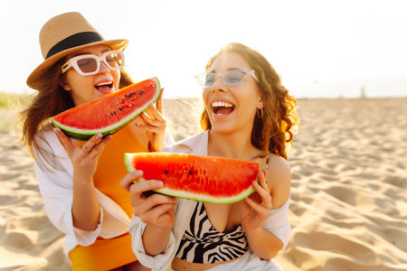 Smiling two women eating watermelon on beach. Happy summer time. People, lifestyle, travelの写真素材