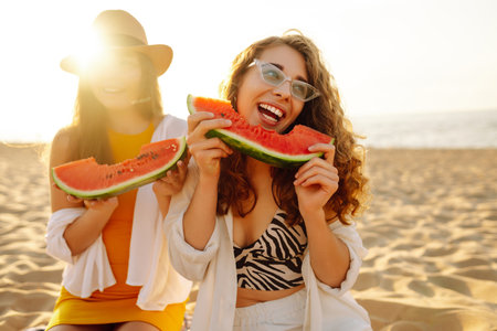 Smiling two women eating watermelon on beach. Happy summer time. People, lifestyle, travelの写真素材