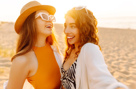Two pretty friends women making selfie on beach, light and bright summer colors. Friends togetherの写真素材