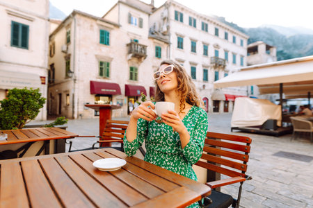 Young woman enjoying coffee at a cozy outdoor cafの写真素材