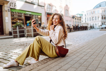 Optimistic woman looking at camera with smile while taking selfie on city street. Blogging concept.の写真素材
