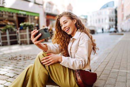 Happy woman using phone walking in city street. Lifestyle, travel, tourism, technology, bloggingの写真素材