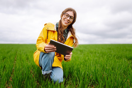 Young farmer woman in a green field, intently using a tablet. She wears a yellow jacket and glassesの写真素材