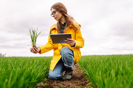A young farmer woman in a green field, intently using a tablet. The concept of technology, gardeningの写真素材